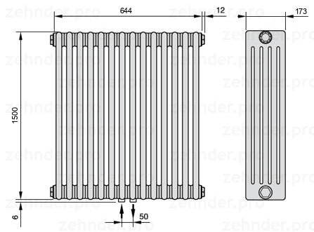 Схема (чертеж) Радиатор Zehnder Charleston 5150/14 №3470 Белый глянцевый RAL 9016
